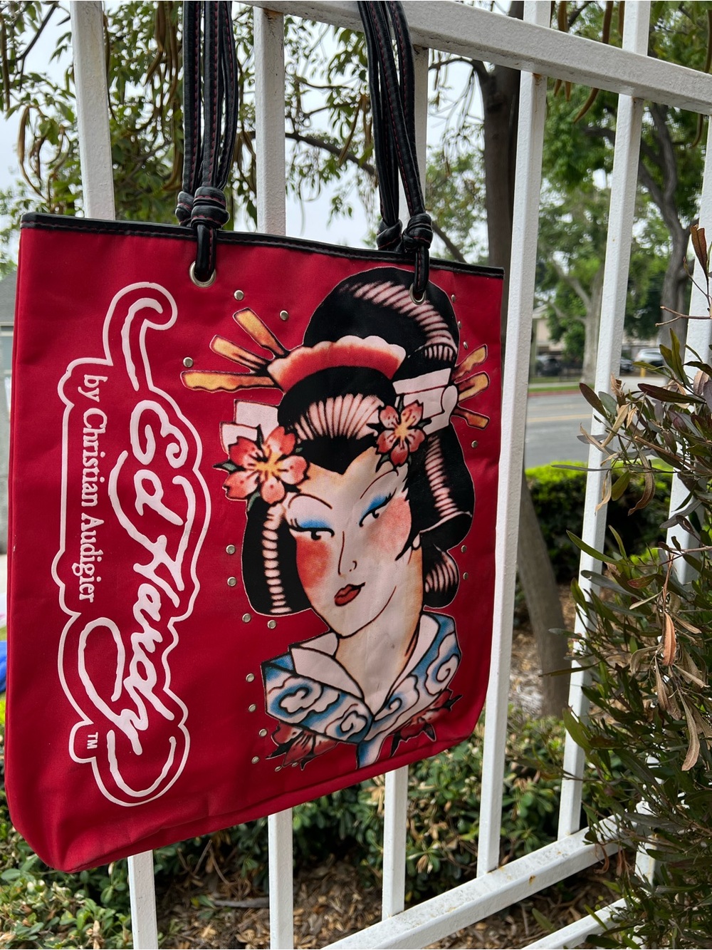 Christian Audigier Red Geisha Graphic Tote